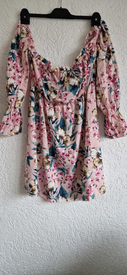 L - Shein roze bloemen offshoulder jurk (0224kel2)