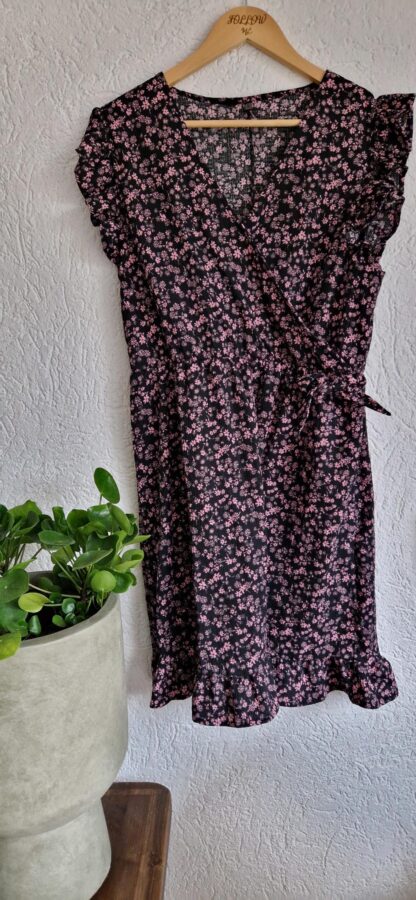 L - Jurk zwart roze bloementjes (0125kel2)