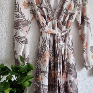 M - Zomers jurkje lange mouw beige bloemen (0125kel2)